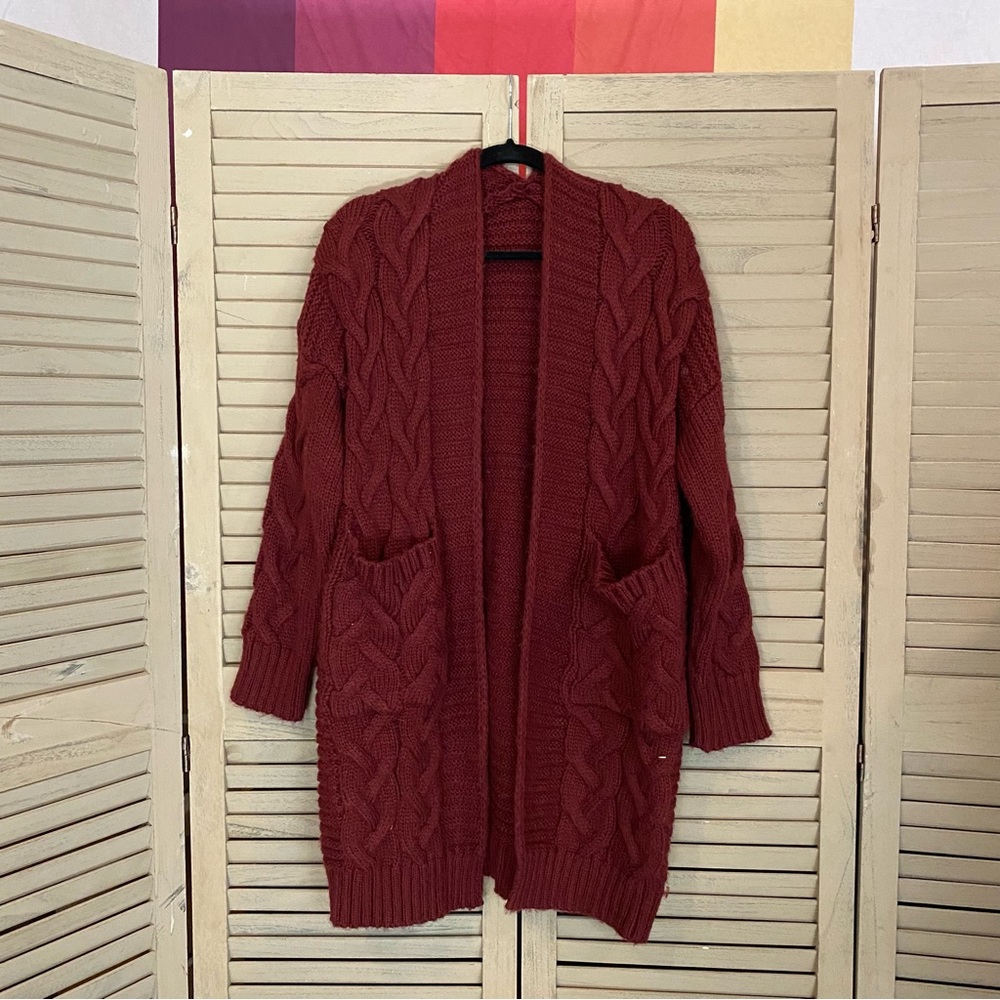 Fueri Women's Open Front Cable Knit Maroon Red Sweater Cardigan w/ Pockets